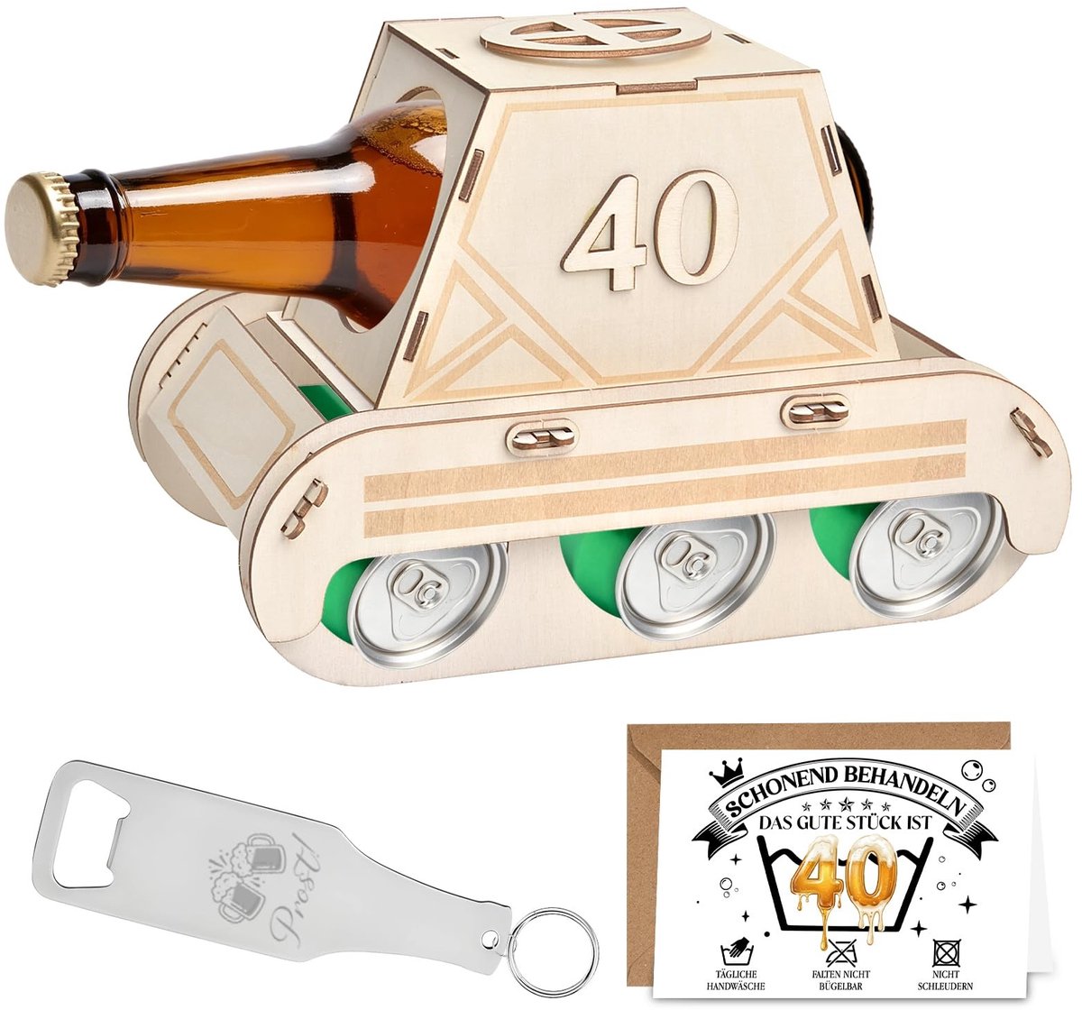 Omgoods - Houten Bierdrager met Flessenopener en Wenskaart