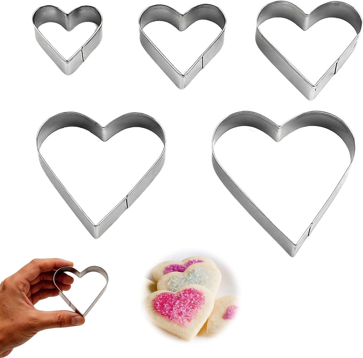 Set van 5 Hartvormige Koekjesuitsteekvormen van RVS – Geschikt voor Koekjes, Fondant en Taartdecoratie – Perfect voor Valentijn, Feestdagen en Bakplezier met Kinderen