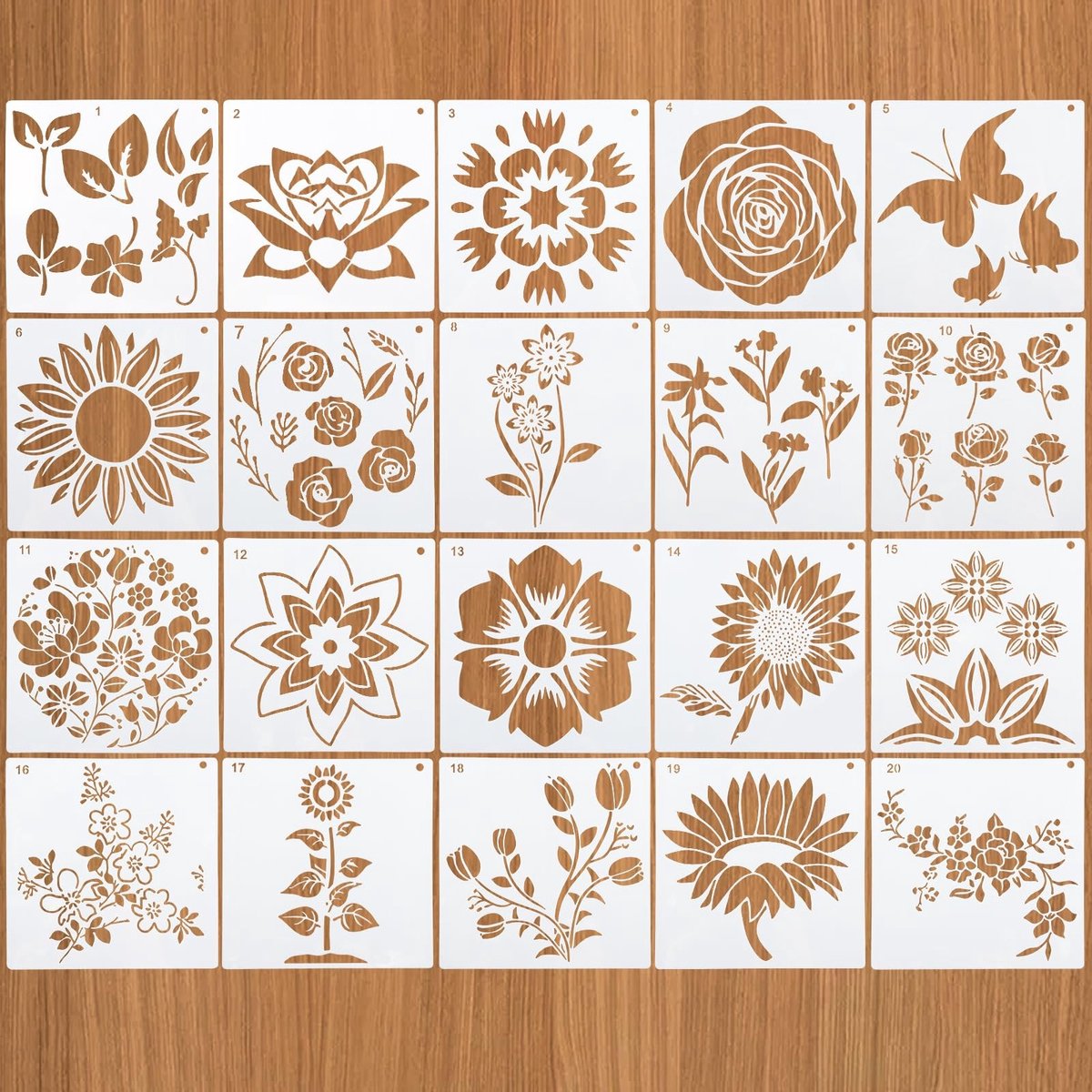 Omgoods - Set van 20 Herbruikbare Schablonen met Bloem Motieven