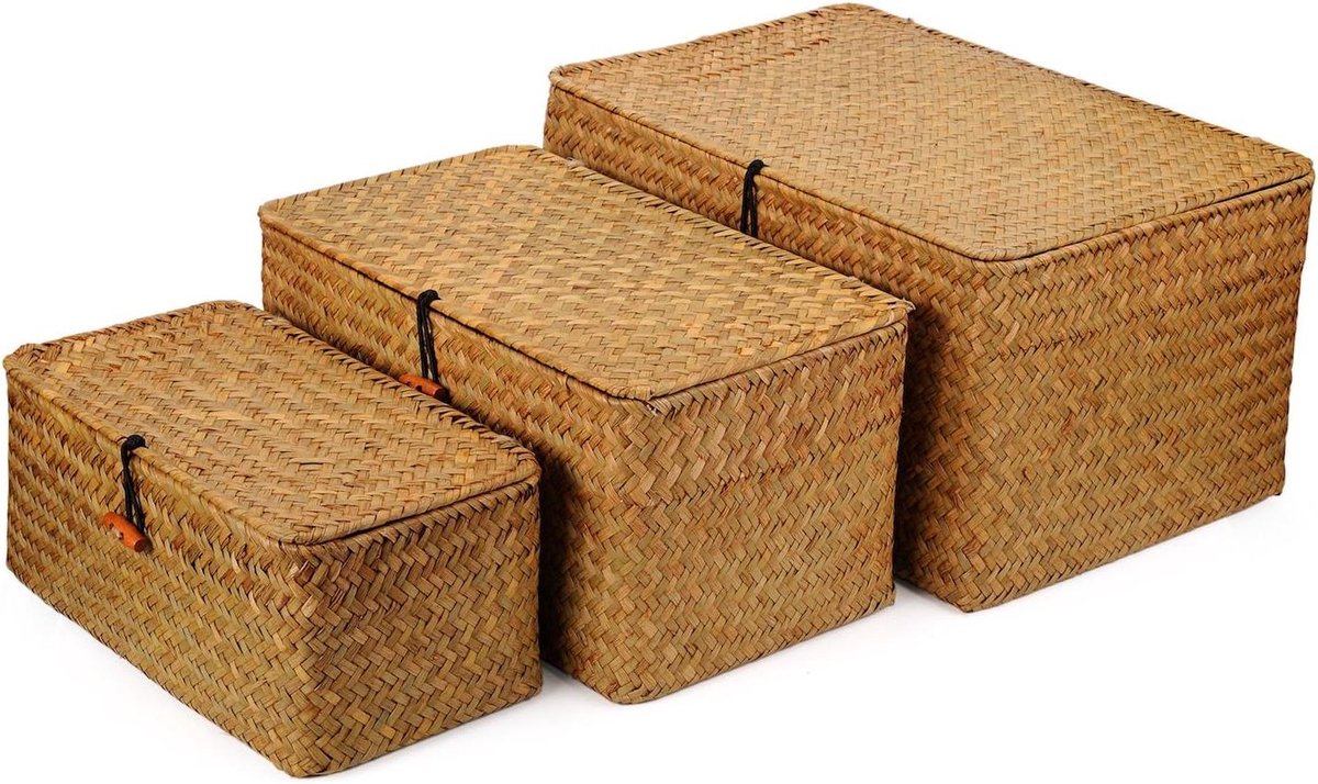 Rotan mand set - Opbergmanden deksel - Huishouden organiseren - Natuurlijk zeegras materiaal - 3 stuks - Natuurlijk