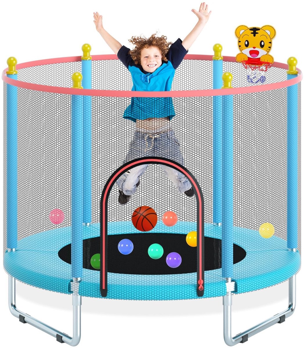Omgoods - Kinderen Trampoline met Veiligheidsnet en Basketbalring, 150 cm