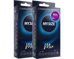 MY.SIZE Mix condooms 69mm 20 stuks – XXXXL pasvorm | Soorten: blauw, Rood met aardbeienaroma, Geribbeld, Naturel | Premium kwaliteitscondooms | Duits merk | 0,07mm wanddikte