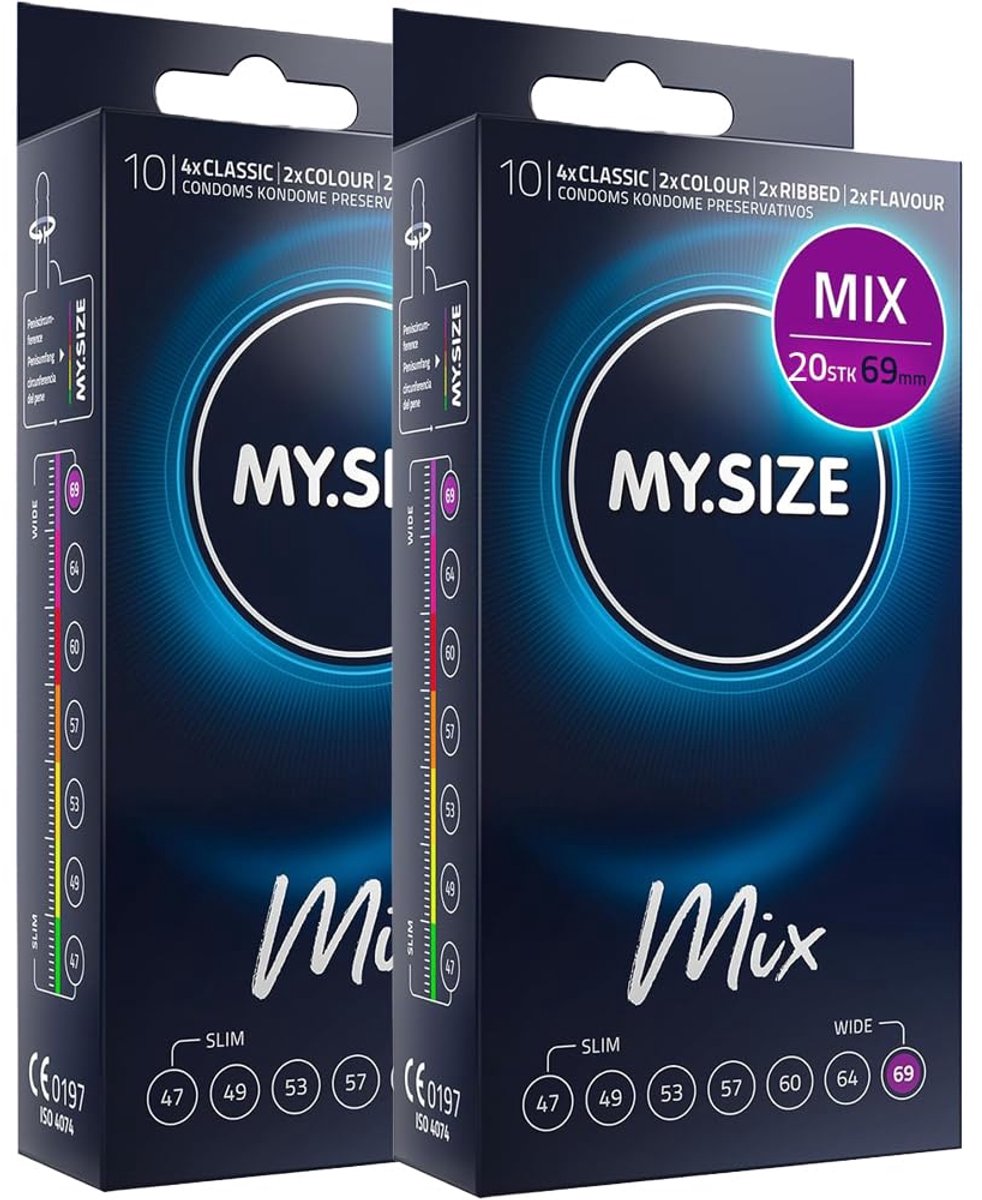 MY.SIZE Mix condooms 69mm 20 stuks – Maat XXXXL | Variaties: blauw, rood aardbeismaak, geribbeld, natuurlijk | Premium condooms | Duits merk | Dikte 0,07mm