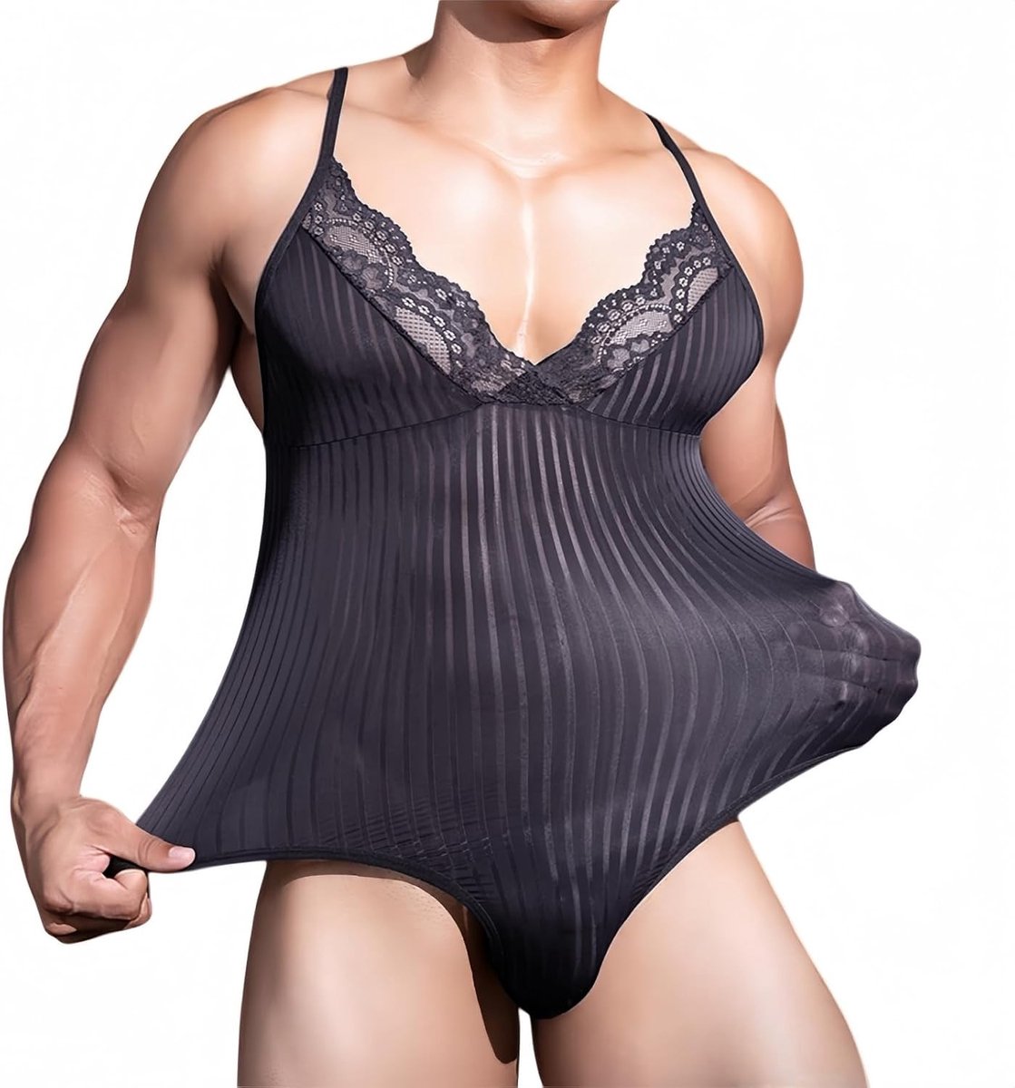 Heren Mouwloos Luipaard Bodysuit met Kant en Transparante Strepen voor Feest, Club en Slapen