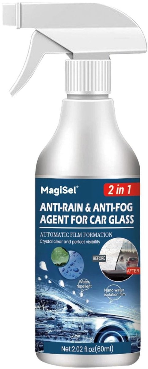 Anti-fog spray voor autoruiten, 60 ml, mistwerend, waterafstotend en regenbescherming voor spiegels, 2-in-1 formule voor helder zicht