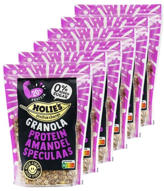 Holie's Granola Amandel Speculaas verpakking met "20% PROTEIN" en "0% ADDED SUGAR" in magenta met witte lijntekening.