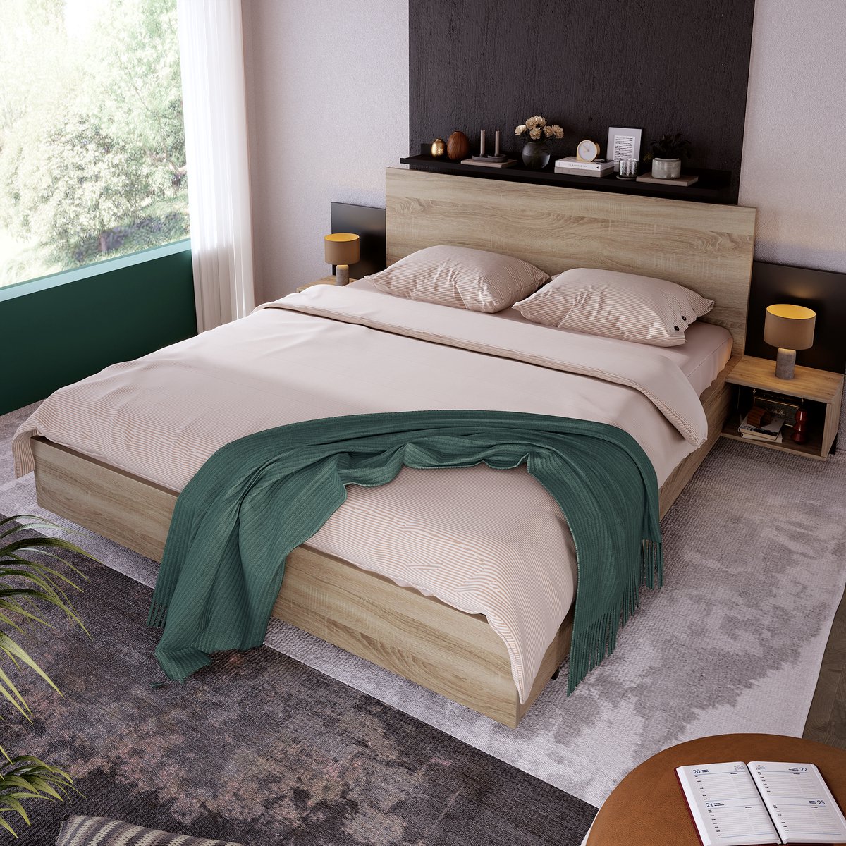 Zubaliya Bedframe - voor matras 160 x 200 cm - dark gray,wood - met LED-verlichting en opbergruimte en lattenbodem - voor de slaapkamer
