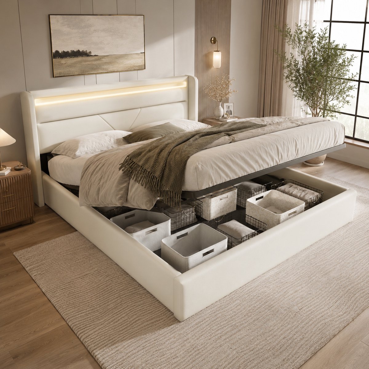 Gestoffeerd bedframe - voor matras 160 x 200 cm - wit - met LED-verlichting en opbergruimte en lattenbodem - voor de slaapkamer