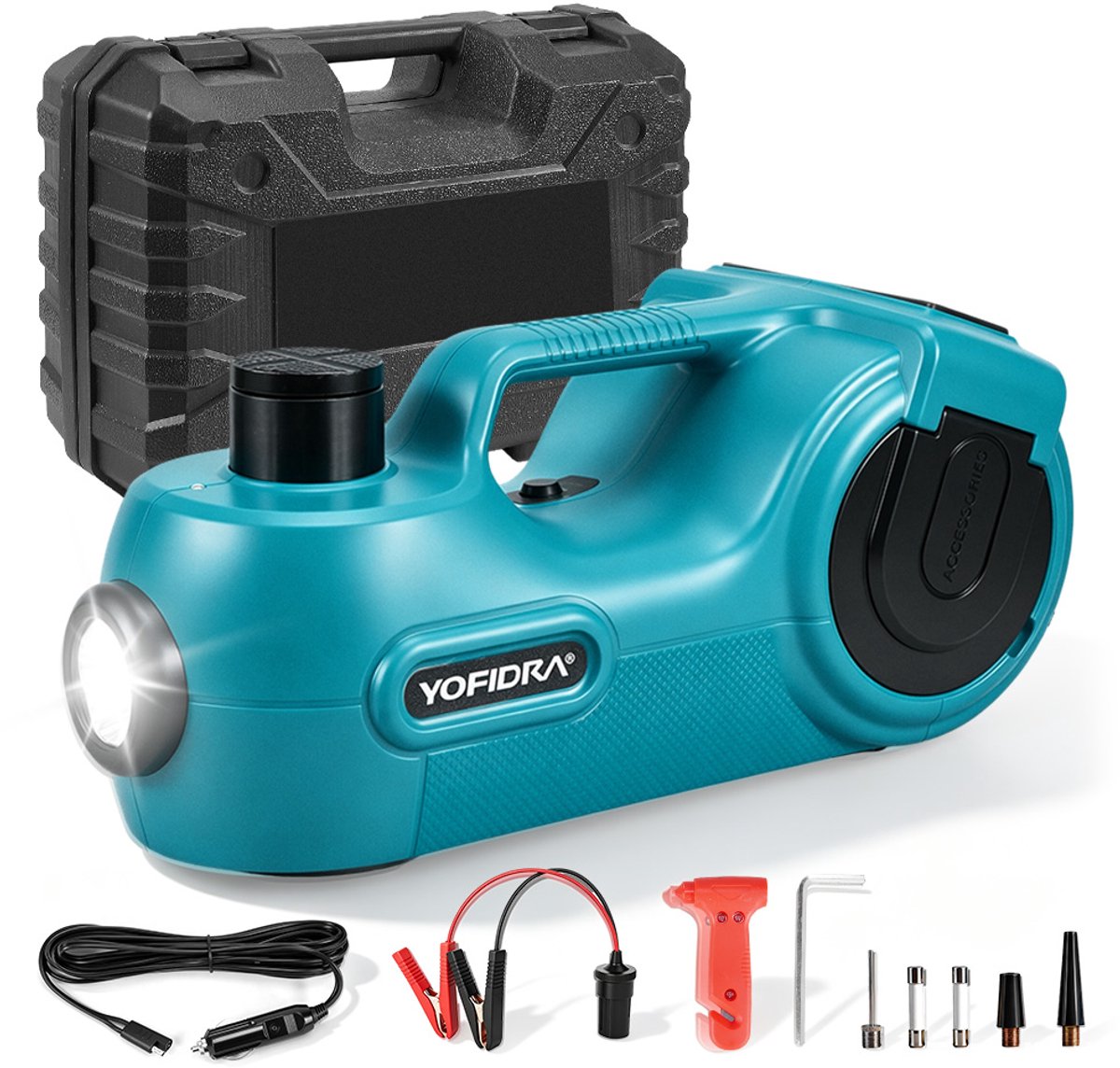Yofidra Elektrische Krik - 5 Ton Hydraulische - Autokrik Set - Hefbereik 13-53cm - met Inflator En Led-Licht - voor SUV, Caravan & Elektrische Auto
