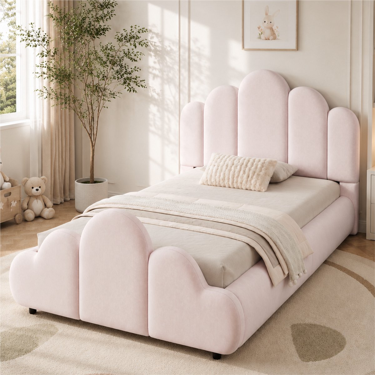 Pugsdrly Gestoffeerd bed, eenpersoonsbed, kinderbed 90 x 200 cm, bed met gestoffeerd hoofdeinde, afgeronde hoeken, fluweel, roze