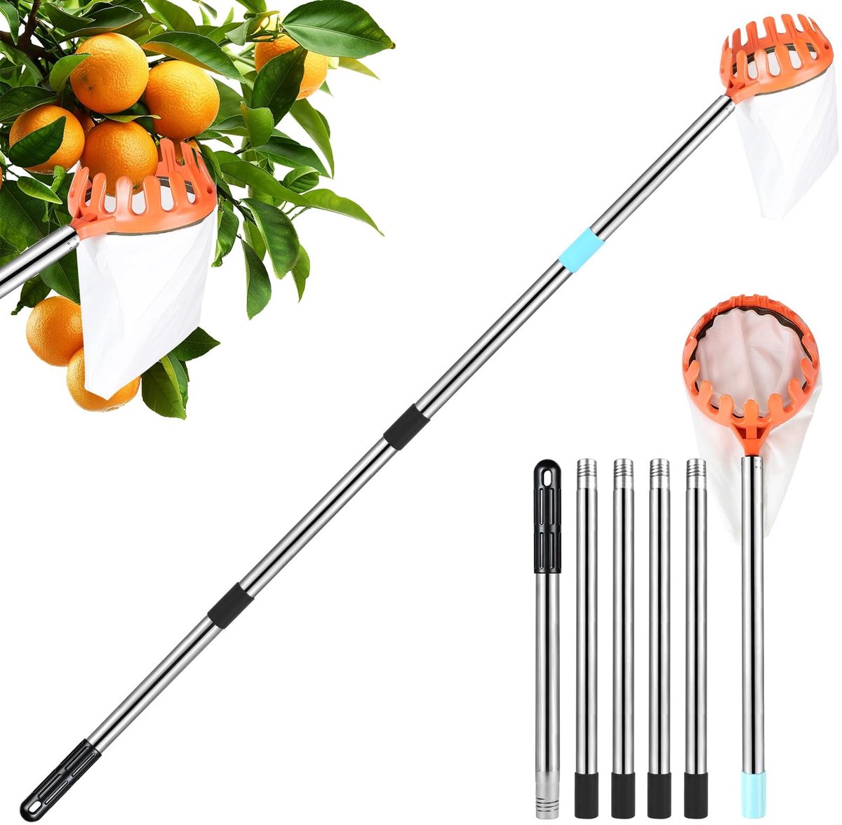 SolidKeus - Telescopische Fruitplukker met RVS Handvat en Katoenen Zak