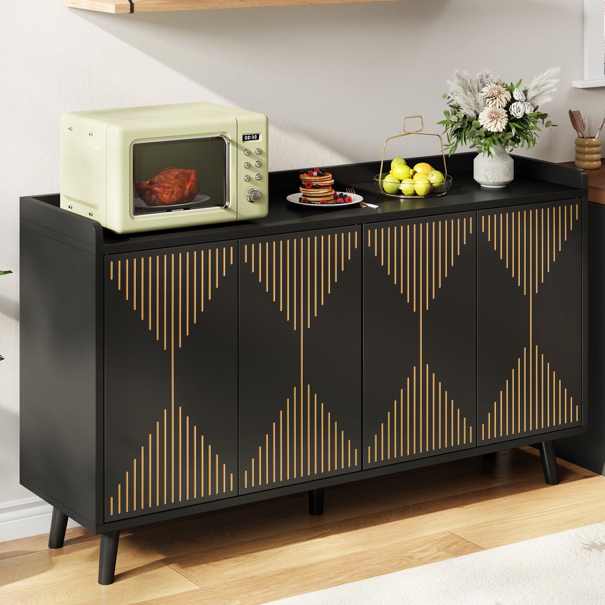 COVREO Keukenkast Sideboard 140x40x84 cm zwart MDF, 4 deuren, legplanken