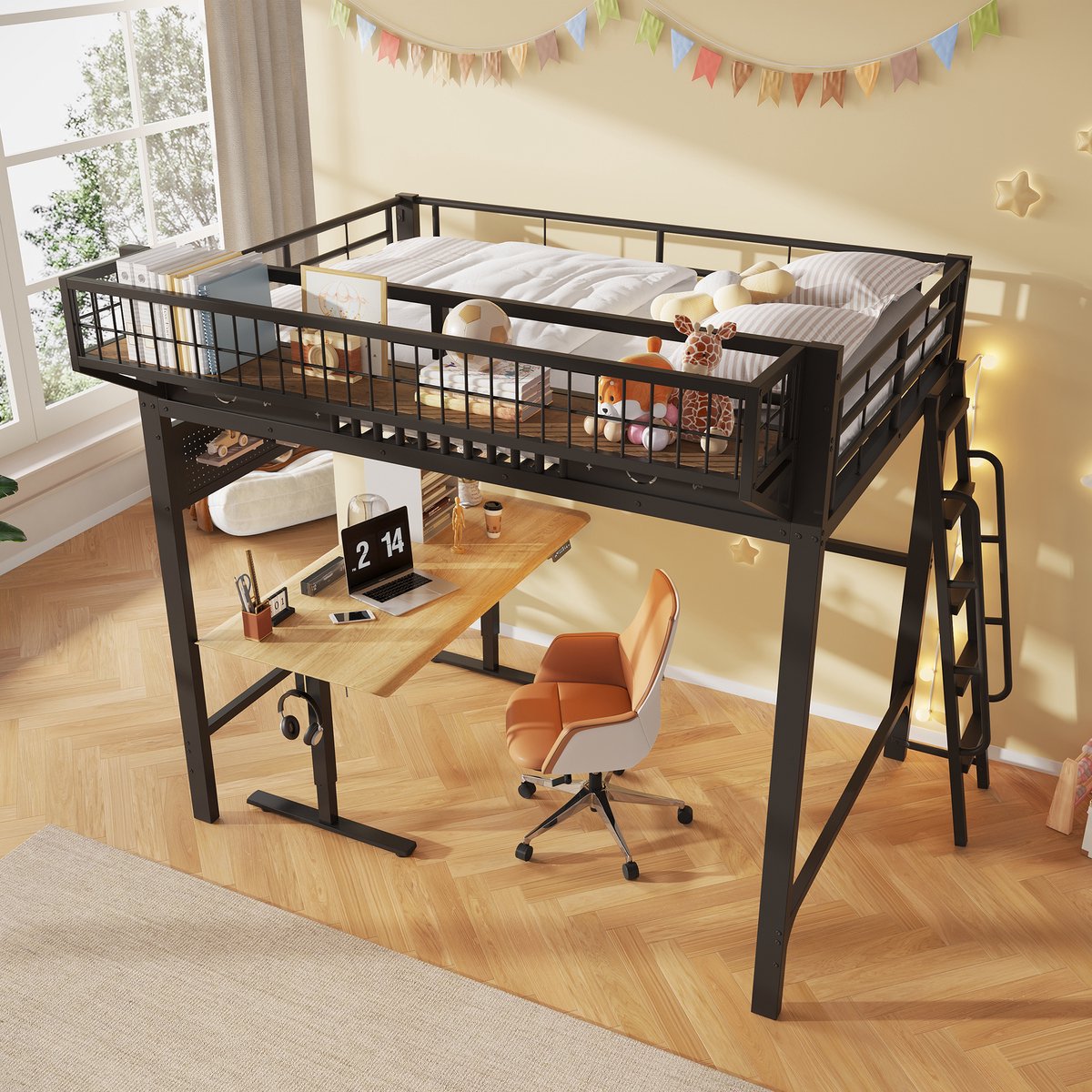 Hoogslaper 140 x 200 cm - met opbergruimte - reling met opengewerkt patroon - open onderkant - zonder matras - zwart