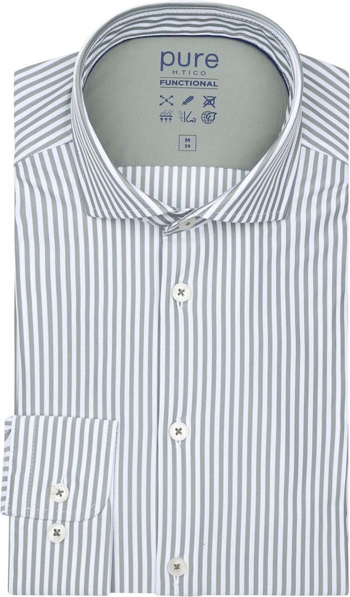 Pure The Functional Shirt Streep Groen - Maat 39 - Heren - Overhemden Formeel