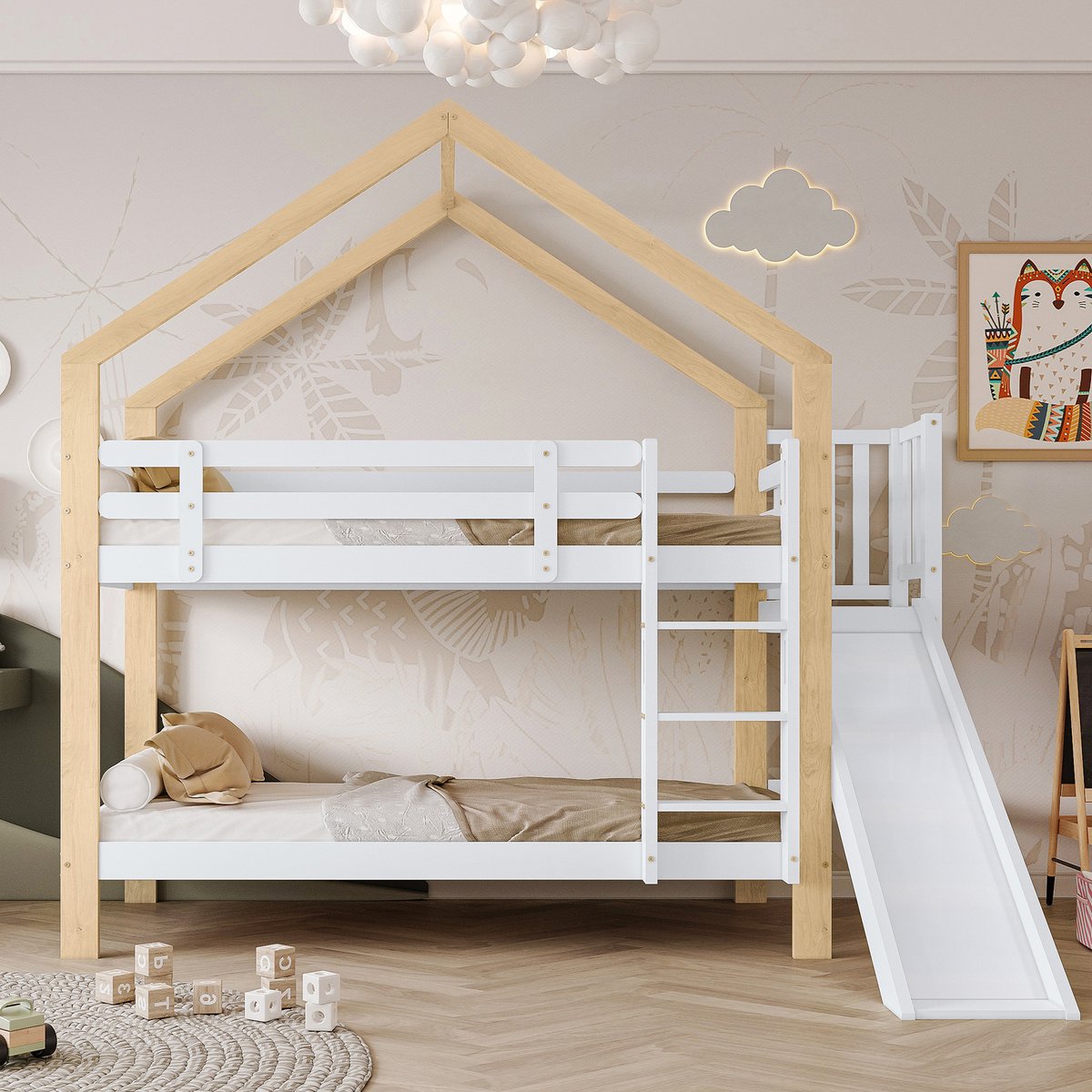 Kinderbed - voor matras 90 x 200 cm - wit - met USB-aansluiting - afmetingen 164 x 245 x 223 cm - matras niet inbegrepen - voor de slaapkamer