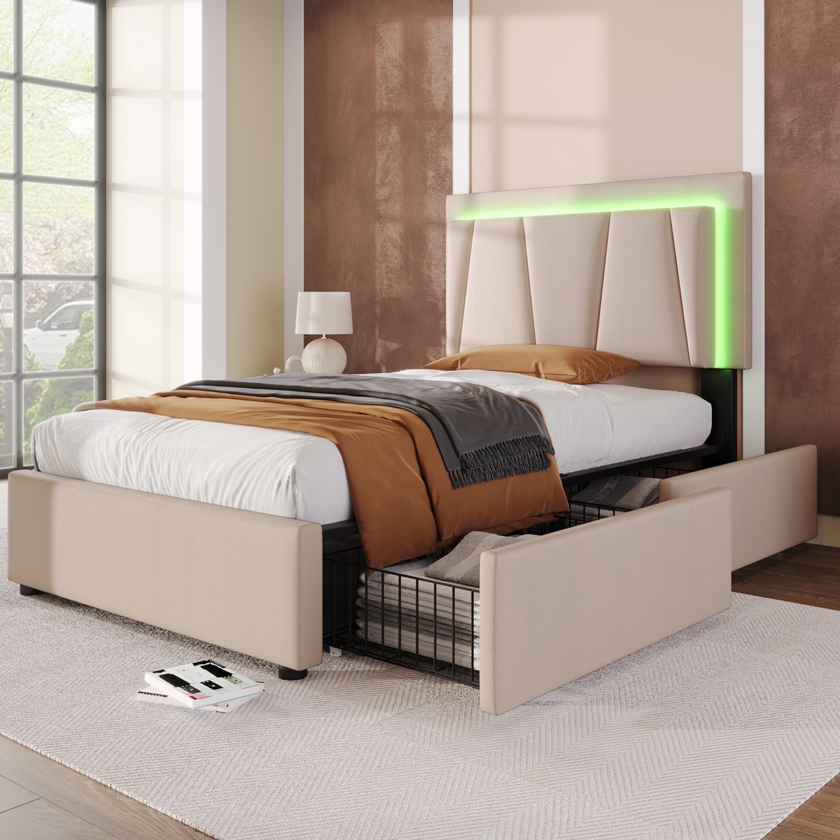 Gestoffeerd bedframe - voor matras 90 x 200 cm - beige - met LED-verlichting en opbergruimte en lattenbodem - voor de slaapkamer