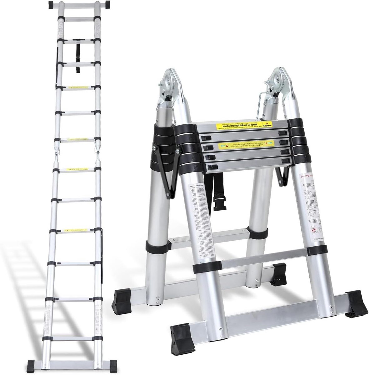 Telescopische ladder - Vouwladder uittrekbaar - Klus en onderhoud - Veiligheidsvergrendeling per trede - 38 meter hoog - Zilver