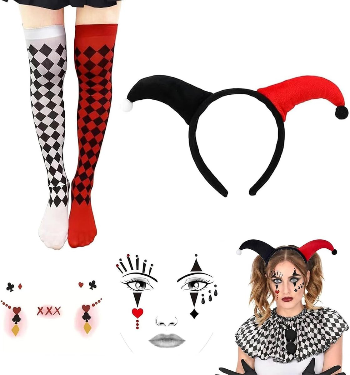 Vrouwelijk Harlekijn Kostuum - Clown Accessoires Set met Hoofdband, Gezichtstickers en Ruitpatroon Kousen voor Halloween en Carnaval