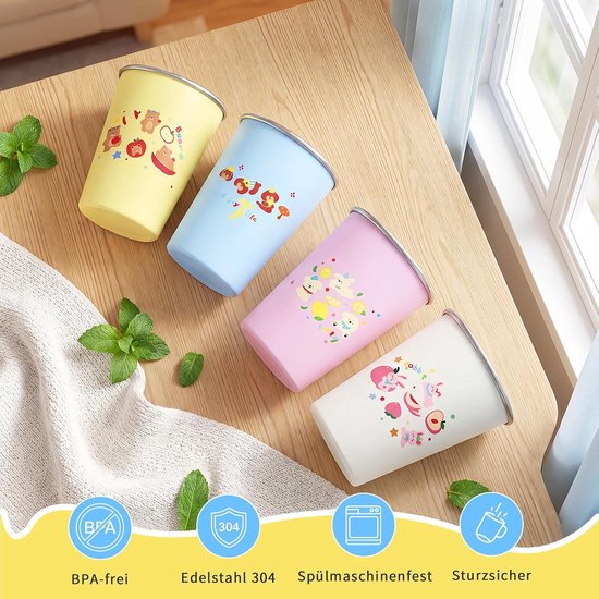 Herbruikbare Kinderbekers - 4 Stuks - RVS - 350ml - Bekers - Mondspoelbeker - Tandborstel Beker - Drinkbeker - School drinkfles - kinder drinkfles - Schoolbeker - Thuis-terug naar school - BPA-vrij & Vaatwasserbestendig — afbeelding 4