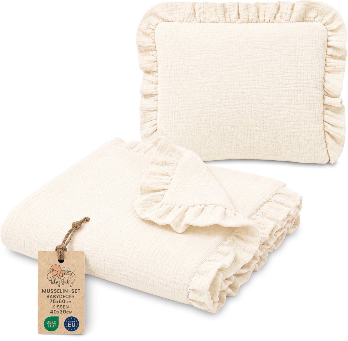 Katoenen Babydeken Set Set: Babydeken 75x60 cm + Kussen 40x30 cm Katoen Muslin voor Kinderwagen Wieg Ledikant Ademend met Ruches Lichtgewicht Zomerdeken Pasgeboren Ivoorkleur