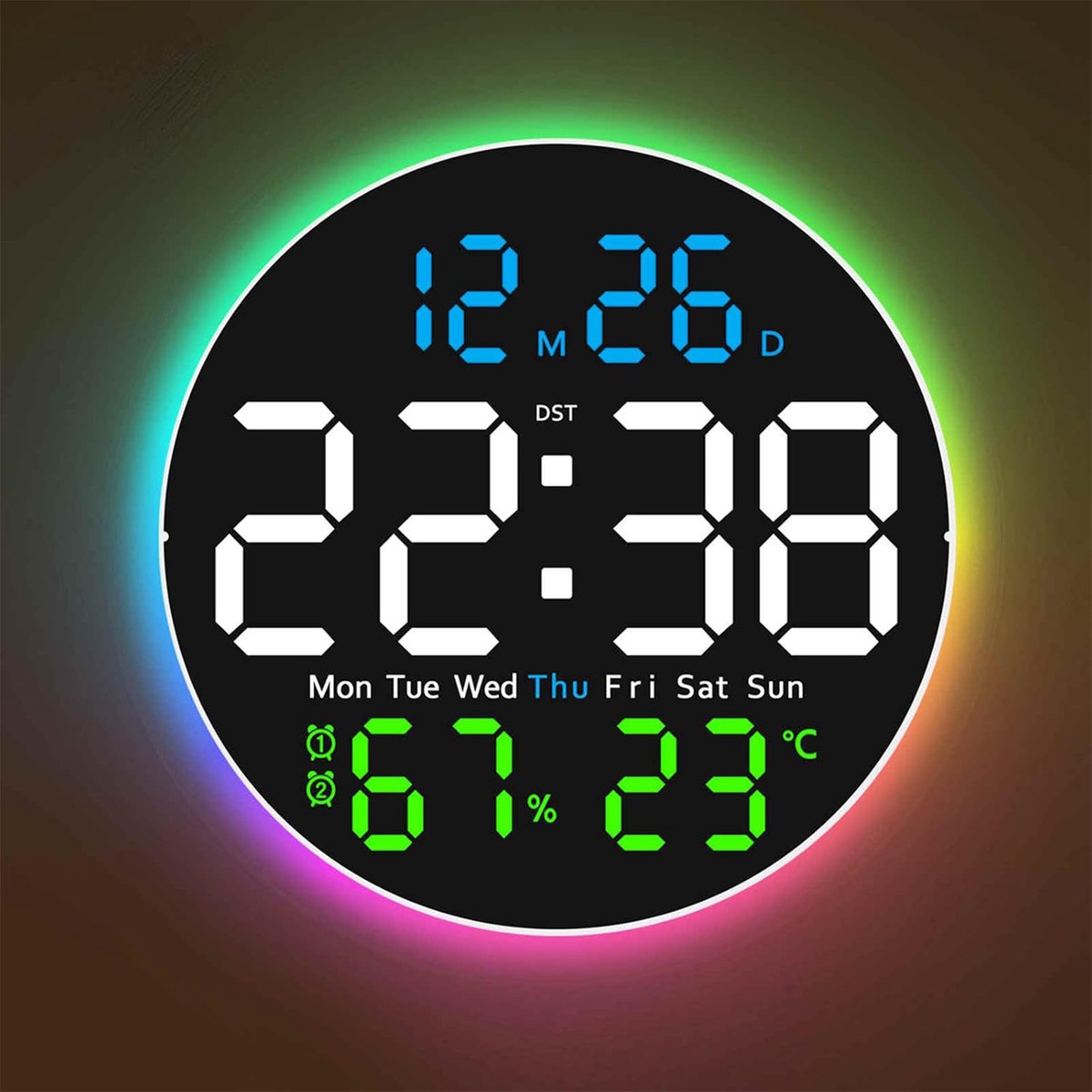REDOM Digitale Wandklok 25,5 x 25,5 cm – RGB Verlichting – Temperatuur & Vochtigheid – Datum & Week – Timer & Alarm – Voor Woonkamer, Slaapkamer en Kantoor