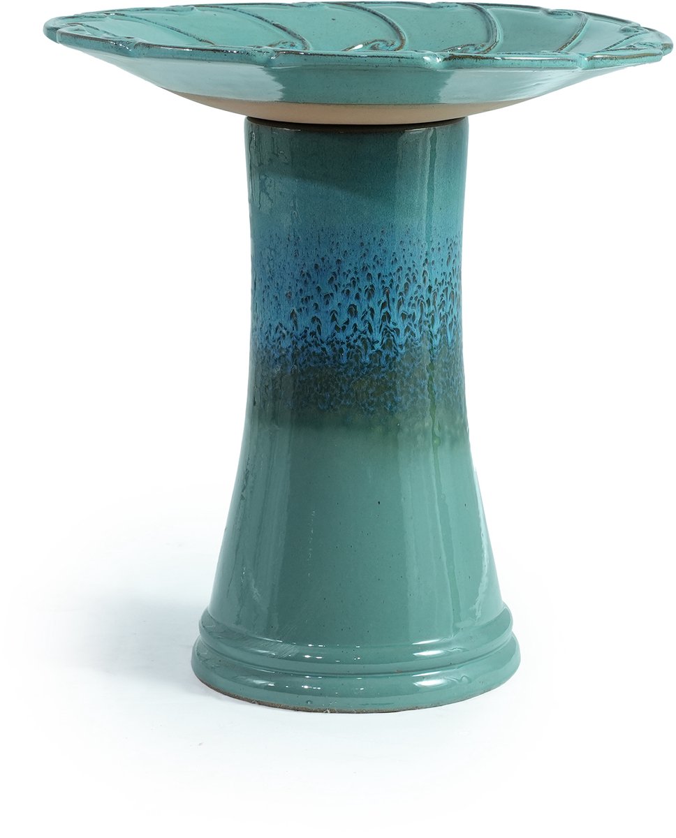 COVREO Vogelbad Ø43 cm, teal blue keramiek, 45 cm hoog voor tuin