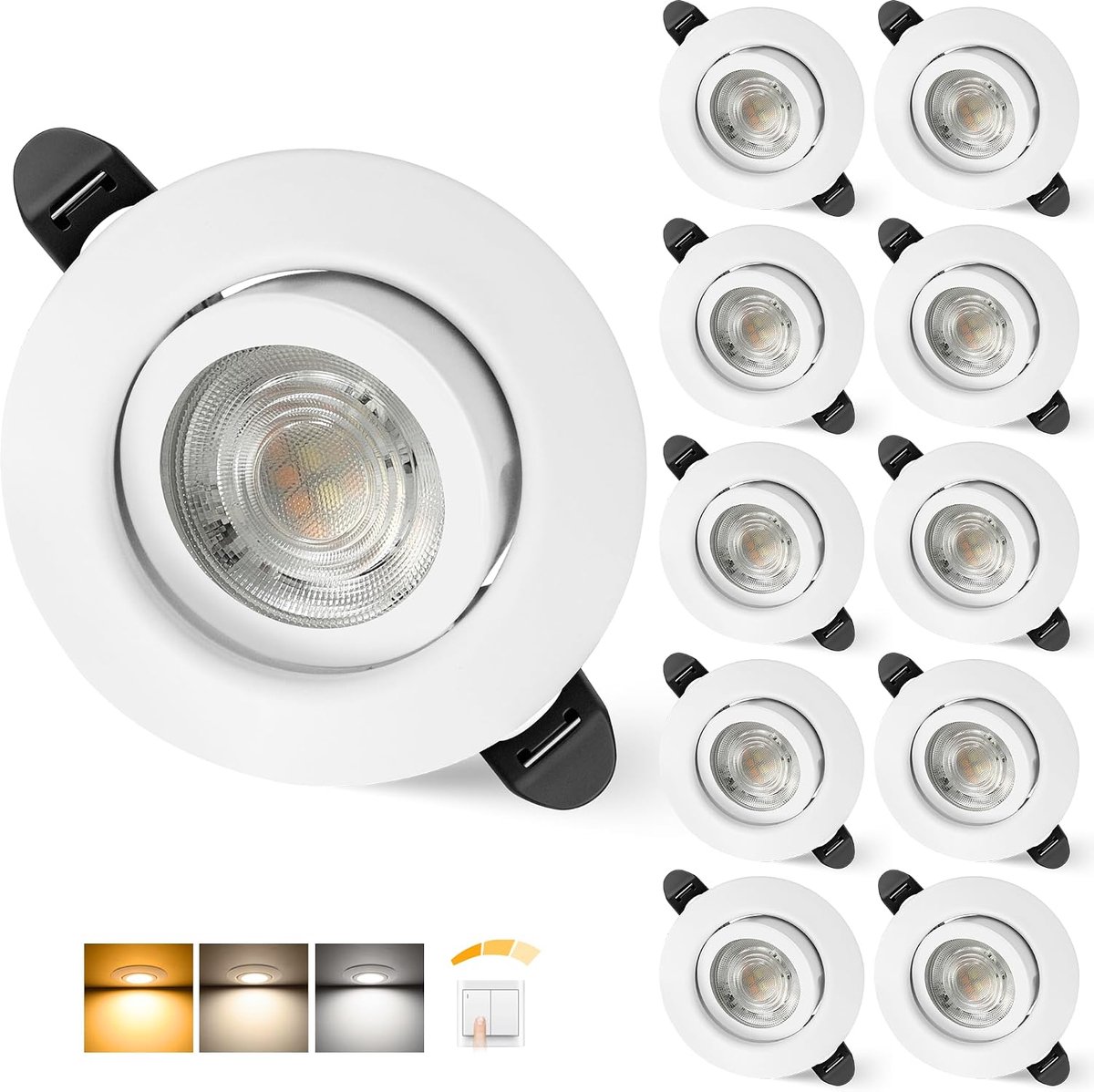 Inbouwspot 230V Dimbaar 68mm 5.5W IP44 LED Spots Ultraplatte Plafondspots 45° Draaibaar Inbouwspots Warm Wit Neutraal Wit Koudwit Inbouwspots Voor Badkamer Woonkamer, Wit Set Van 10