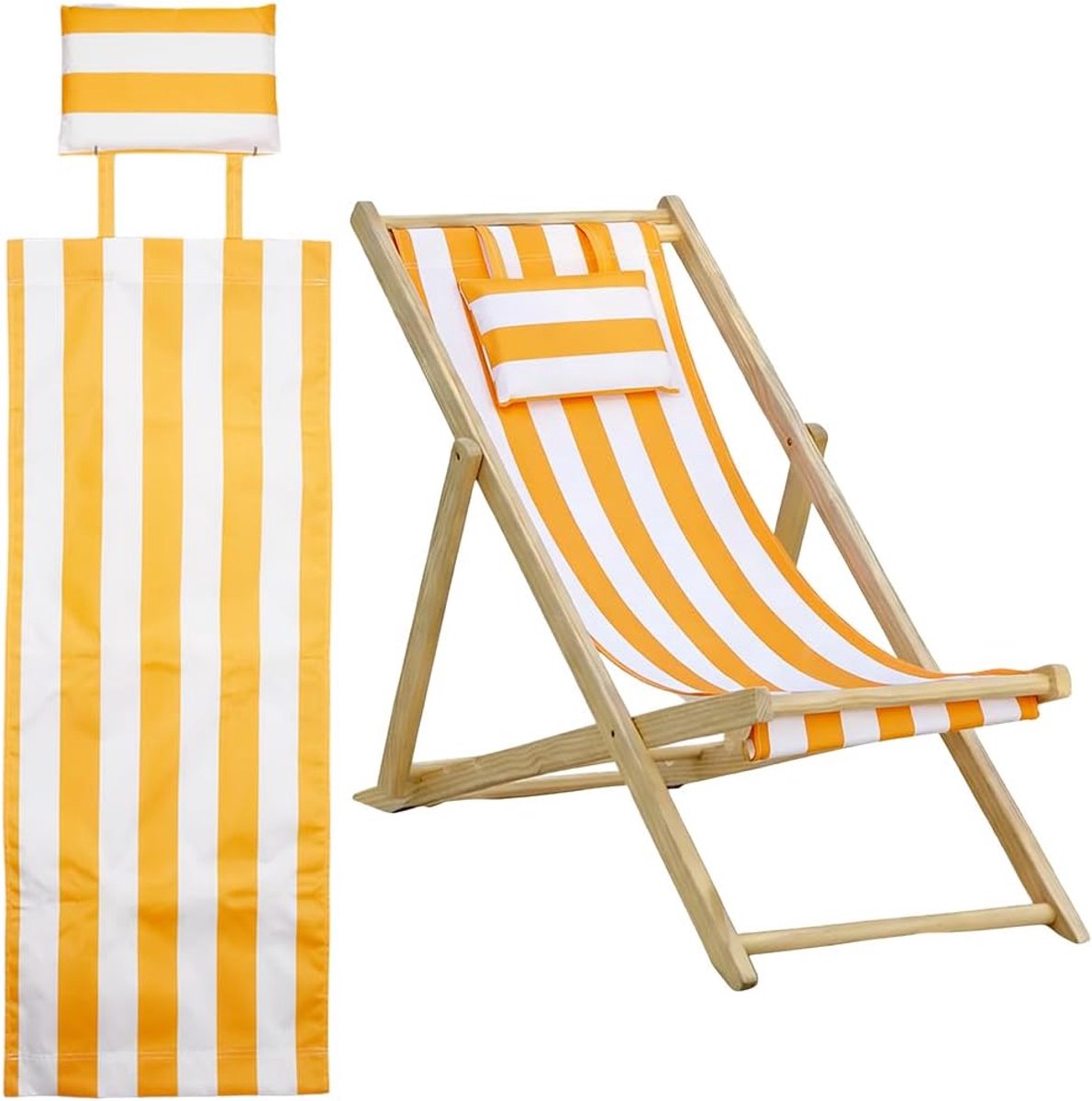 Doek voor strandstoel, 146 cm x 43,2 cm, loungestoel, vervangende canvas gele en witte strepen, slingerstoelen, vervangende stof met kussen voor zonnebaden binnenplaats tuin