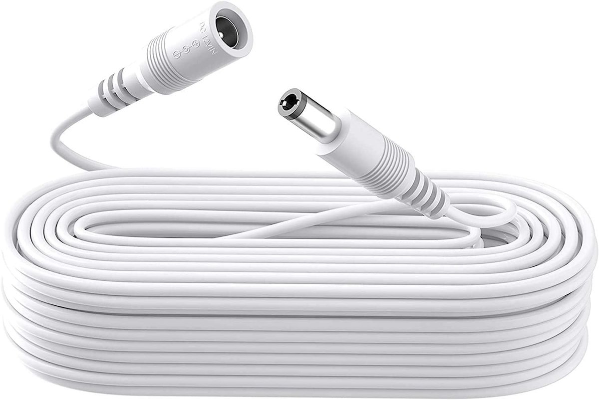 10 m DC-verlengkabel, 12 V DC voedingskabel van puur koper, 5,5 mm x 2,1 mm, voor bewakingscamera's, routers, ledstrips, printers, monitoren en meer - wit