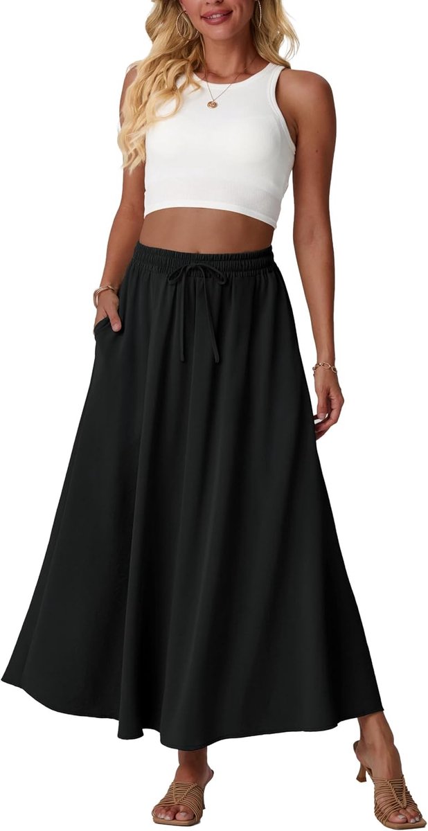 Lange vloeiende maxi-rok voor dames, hoge taille, boho, zomer, A-lijn, voor dames, UK elastische taille met zakken