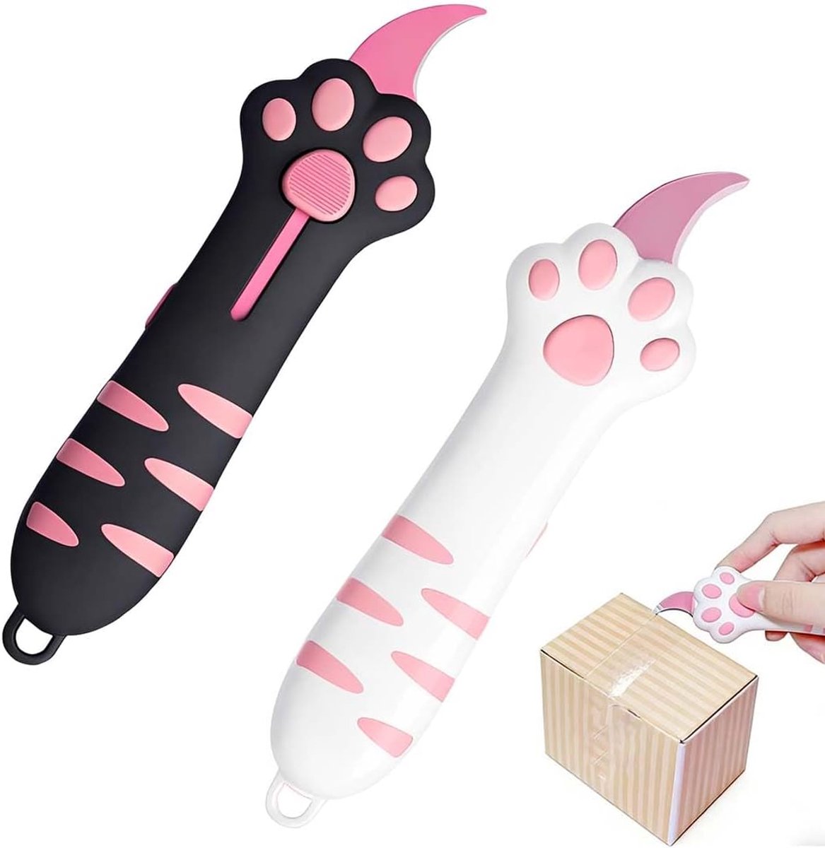 Set Van 2 Kawaii Kartonopeners, Kattenpoot Ontwerp In Wit/Roze En Zwart/Roze, Praktische Briefopener Voor Dagelijks Gebruik