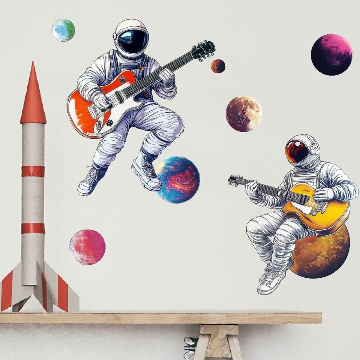 Muurstickers muziek thema muursticker astronaut gitaar stickers stickers voor muren planeten vinyl kunst sticker voor jongensslaapkamer woonkamer kinderkamer ruimte ventilator