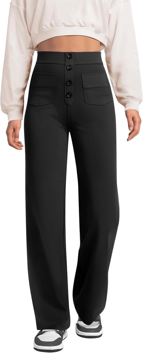 Brede broek dames hoge taille sportbroek knoop rechte broek met zakken elastische vrijetijdsbroek