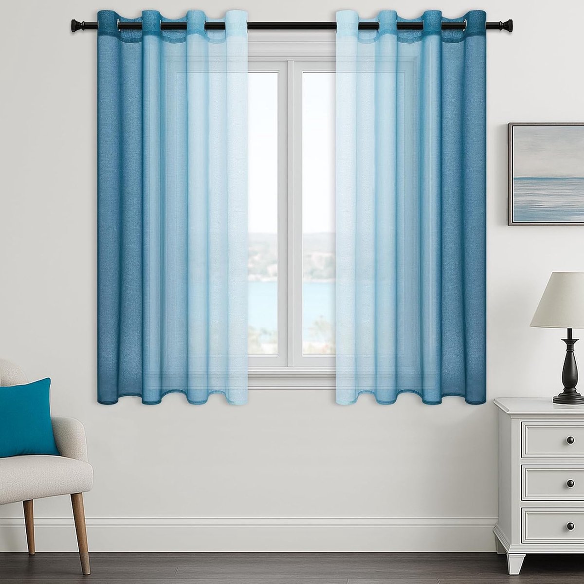 Gordijnen met ogen, set van 2, kleurverloop, groenblauw, kort, 145x140 cm | Gordijnen transparant, voile-gordijnen, voor raamdecoratie, gordijnen, woonkamer, café, balkondeur, kinderkamer, meisjes