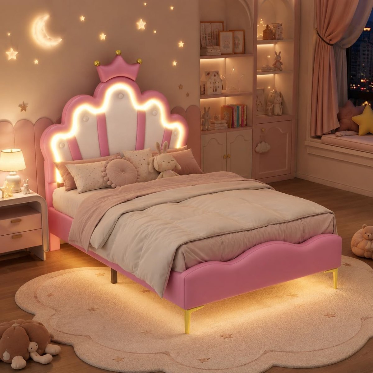 Gewatteerd bed, 90 x 200 cm, voor kinderen, met lattenbodem en ledverlichting, plat bed met hoofdeinde in wolkvorm, prinsessenbed, kroonvorm, zachte bekleding van leer