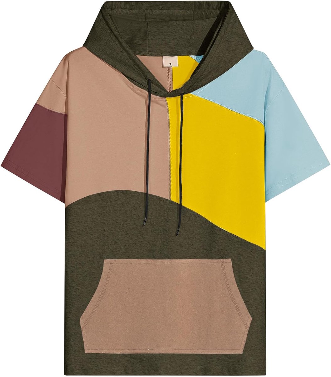 Korte Mouw Hoodie Katoen Kleurblok T-shirt Sweatshirt Grote Zak Halve Mouw Zomer Trui