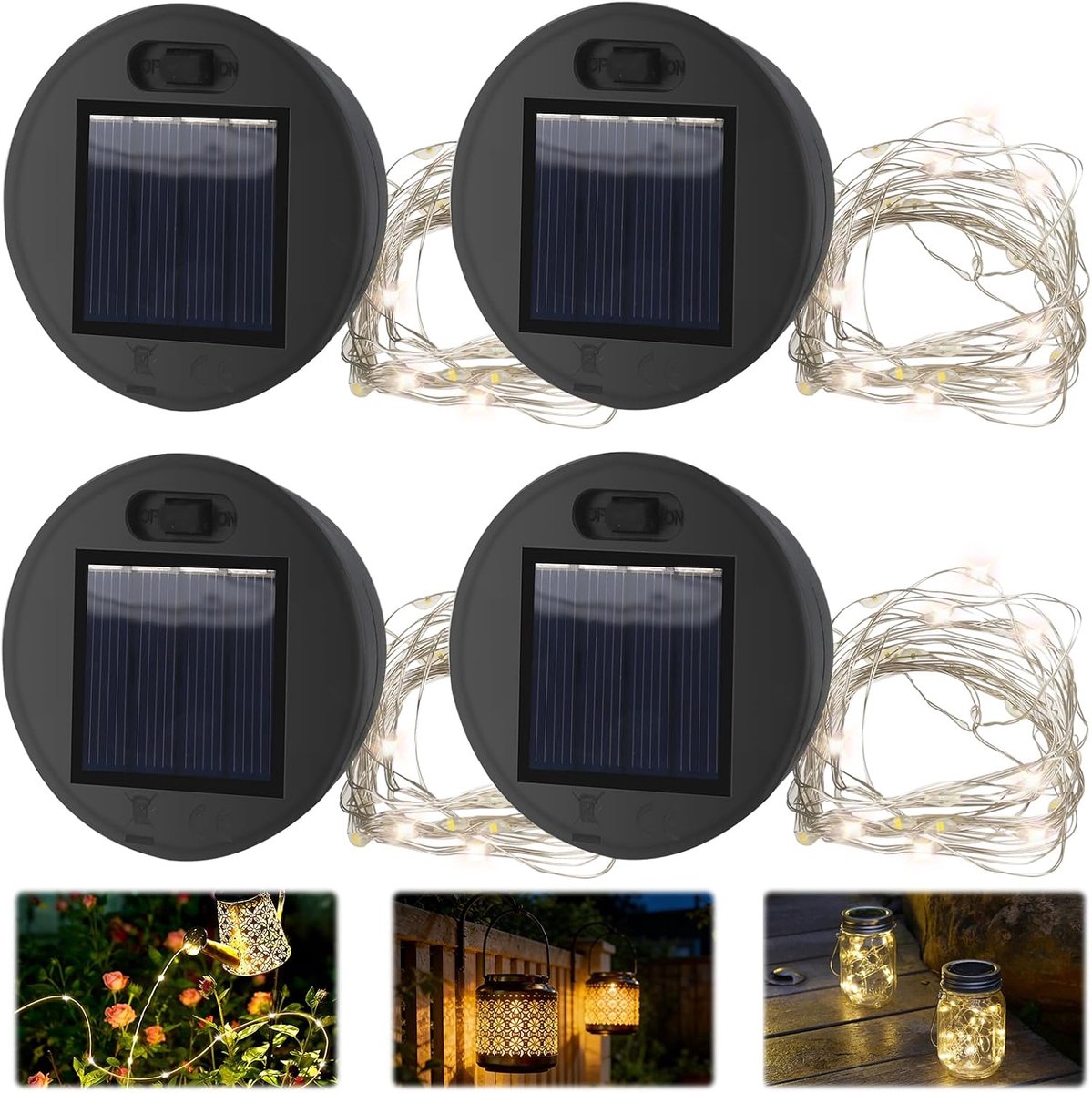 4 stuks reserve-gieter op zonne-energie, reserve-onderdelen met lichtsnoer, reserve-deksel op zonne-energie, 7 cm, gieter op zonne-energie voor buiten, voor tuin, binnenplaats, balkon, terras