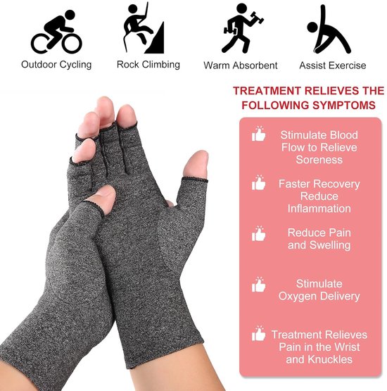 Handschoenen voor artrose van de handen, handschoenen voor reumatoïde artritis, vingerloze compressiehandschoenen voor dames en heren, verlichten gevoelloosheid, zwelling en ontsteking (S) — afbeelding 3
