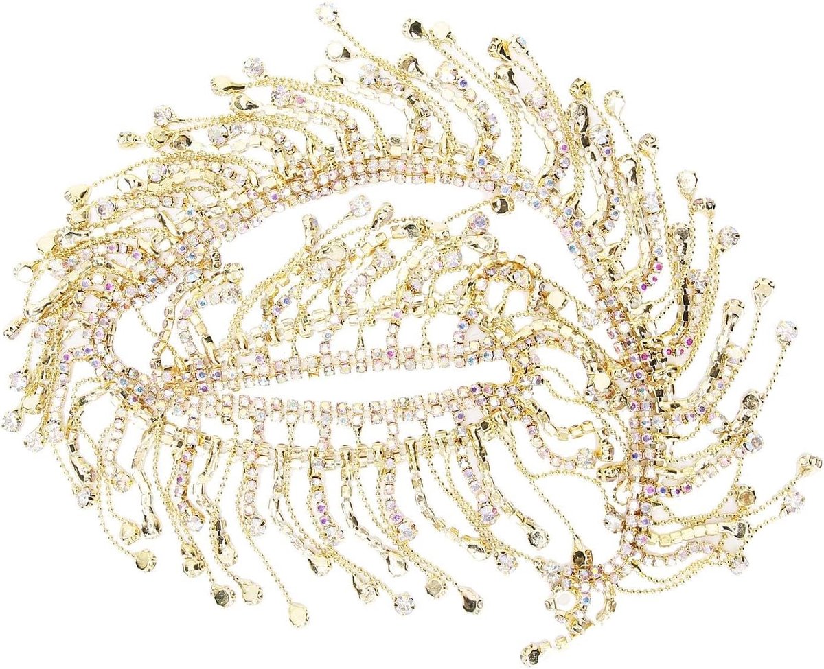 Strass lint kwastjesketting, kristallen ketting franjeversiering schijnt voor decoratie naaien kleding kralen jeans accessoires doe-het-zelf diamant ambacht gepersonaliseerd decor (Gouden AB-kleur)