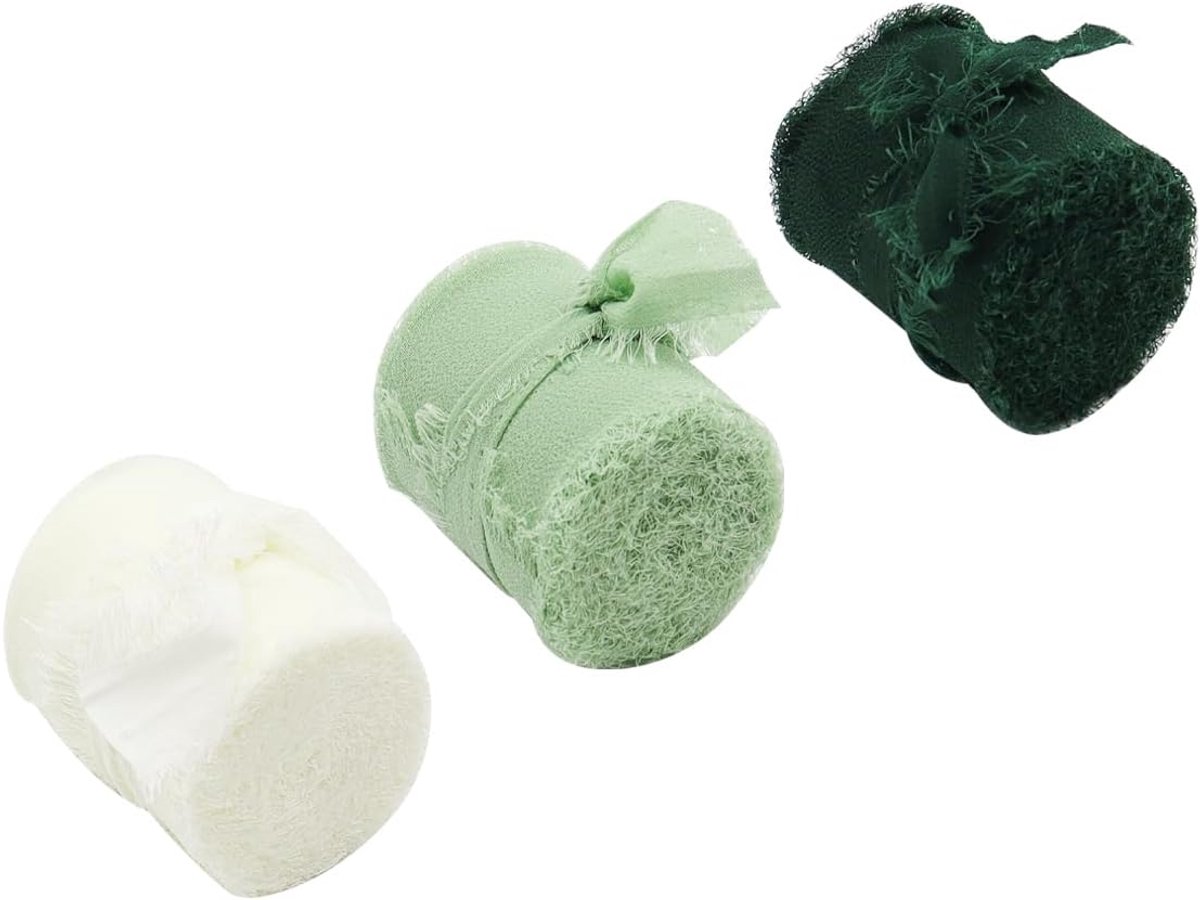 Chiffon Zijden Lint Groen 3 Rollen Fringe Stof Lint Set Brede Handgemaakte Gift Wrap Lint Gemengde ColorCraft Lint Set voor Geschenkverpakking Krans Crafting Bloem Boeket