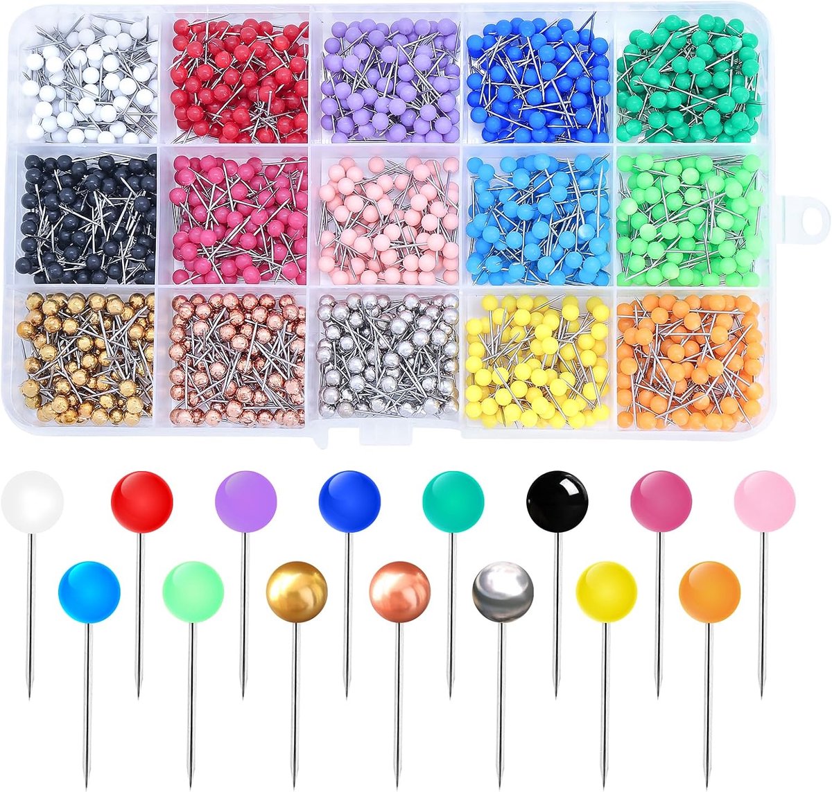1500 stuks kaartspelden, ronde kop pushpins voor kurkbordspelden, kleurrijke duimkopspijkers met stalen punten voor reiskaarten, kurkborden, prikbord, muren, stofmarkering, thuiskantoor (15 kleuren)