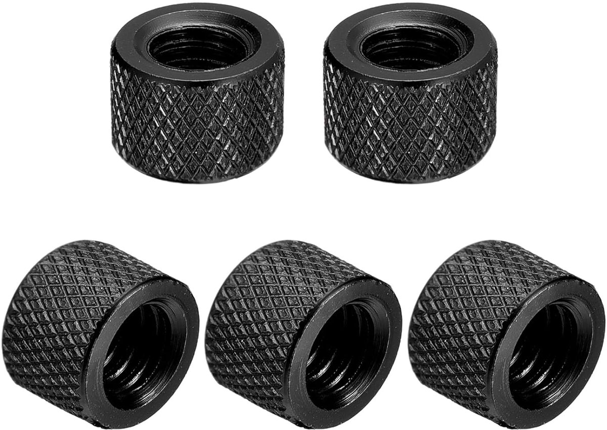 20 stuks gekartelde moeren, 1/4 inch - 20 x 10 mm, handdoorgangsgatmoer van aluminiumlegering, diamant gekartelde doorgangsgatmoer voor camerastatief, glanzend zwart
