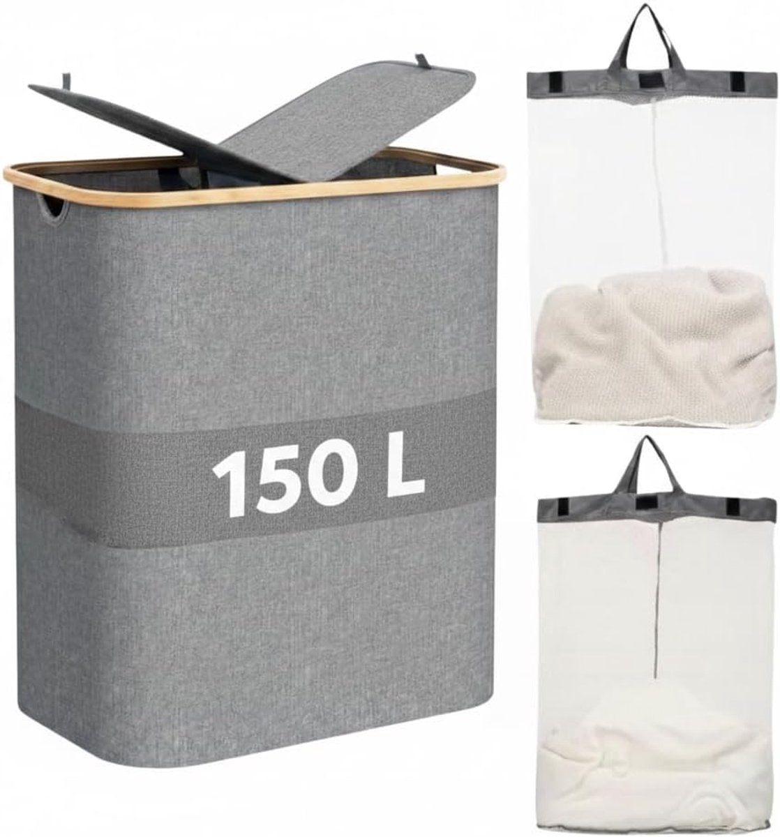 Wasmand 150 L met Deksel en 2 Compartimenten, Grote Inklapbare Wasmand met Verwijderbare Binnenzak en Handvatten, Ideaal voor Badkamer, Slaapkamer en Washok