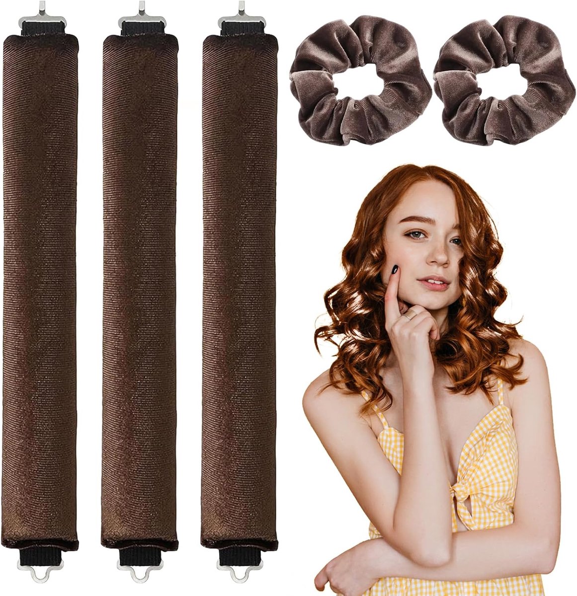 3 stuks Heatless Curls Band met 2 haarbanden, bruin, hittevrije krullers, krullen 's nachts, krullen zonder hitte, flexibele krulspelden, voor alle haartypes