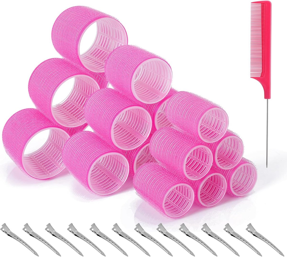 Krulspelden, set van 31, 60 mm, 45 mm, 36 mm, zelfgrijpende krulspelden en 12 haarspelden, krulspelden zonder hitte, voor kapsalon, barber, slapen, lang en kort haar (roze)