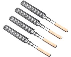 4 verpakkingen 49 cm extra lange BBQ roestvrij stalen cabob-grillmanden Hot Dog-grillmanden met houten handvat hittebestendige grillmandset, kabob-manden voor het grillen van groenten, zeevruchten,