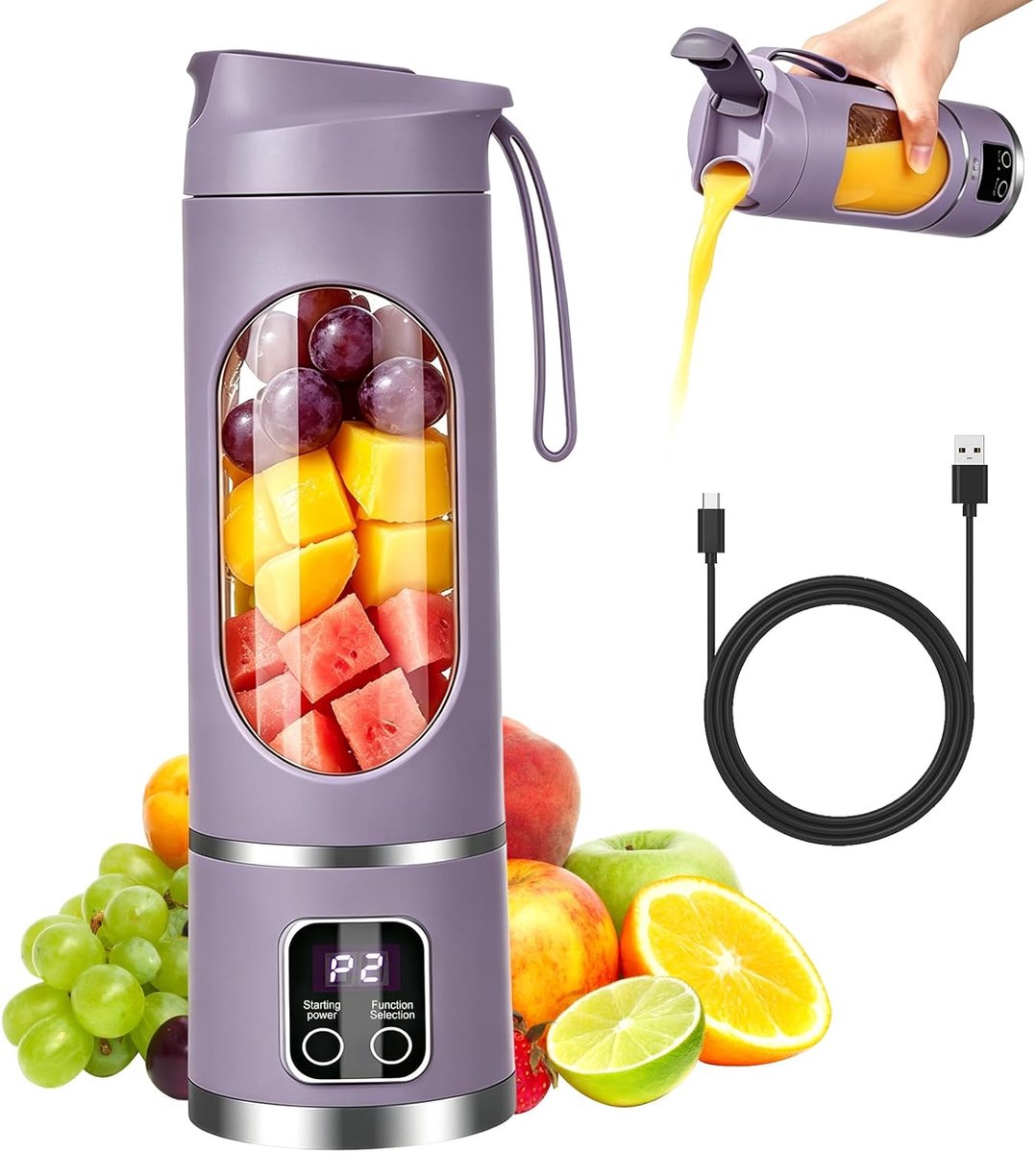 Blender, smoothie maker, 450 ml, persoonlijke mini-sapcentrifuge, lekvrij deksel en drinkopening, USB-sapcentrifuge, mini-mixer voor shakes en smoothies, voor keuken, reizen, sportschool