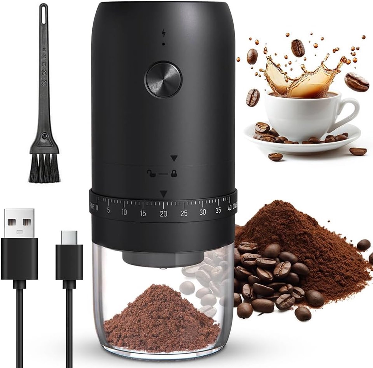 Koffiemolen met 40 maalinstellingen, elektrische koffiemolen, USB-oplaadbare koffiemolen, elektrisch, instelbare grove espresso koffiemolen, voor koffiebonen, granen, specerijen