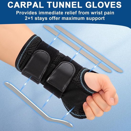 1 polssteun met 3 spalken en 1 paar artrose handschoenen (rechts, M) - Verstelbare polsspalk, handspalk voor tendinitis, artritis, carpaal tunnelsyndroom en verstuikingsherstel — afbeelding 5