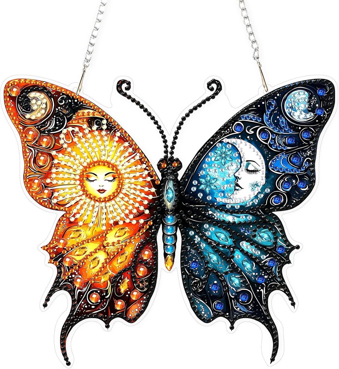 Zon maan diamant kunst ornament kit voor volwassenen, dubbelzijdige vlinder diamant schilderij opknoping kit, doe-het-zelf acryl speciale gevormde boren opknoping zonnevanger voor tuindeur